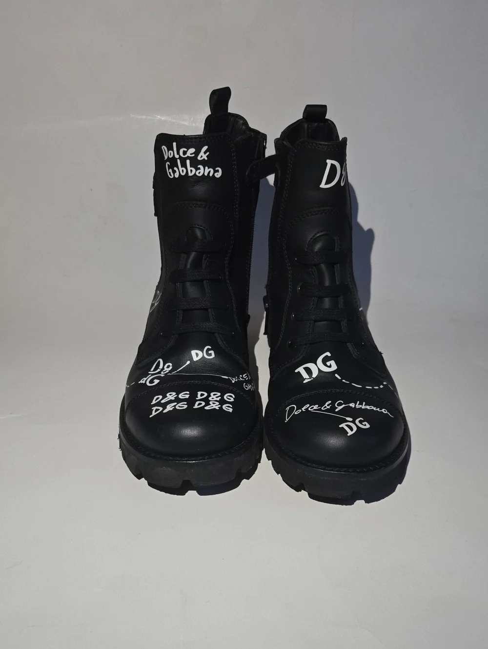 Dolce & Gabbana Kids Leather Graffiti Combat Boots EU 34 US 2.5Y 3Y Black